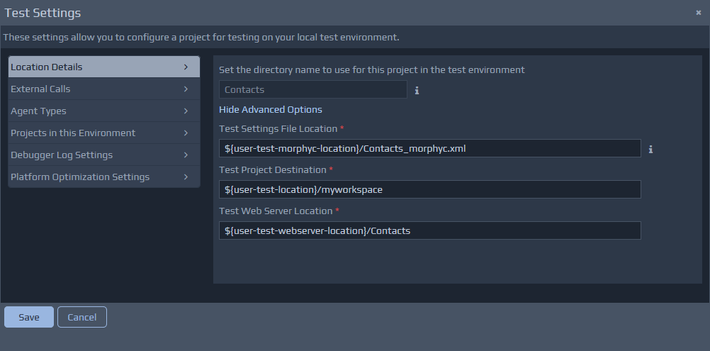 Test Settings - Location Details screen